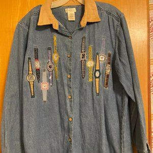 Vintage Bobbie Brooks Embriodered Watches Chambray Shirt size L large 12/14